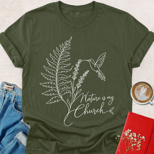 Military green T-shirt with hummingbird botanical line art and 'Nature is my Church' text
