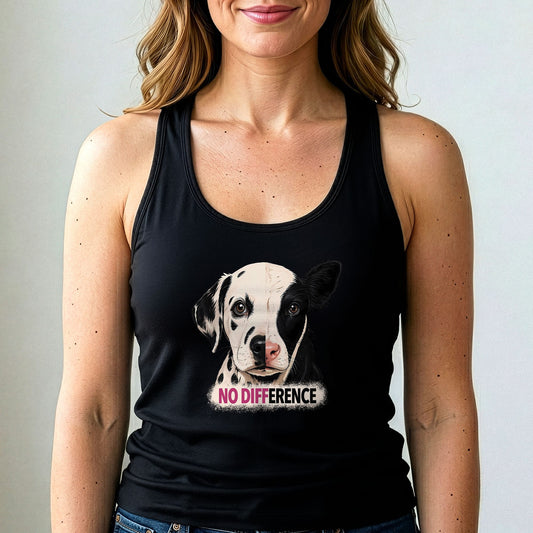 Person wearing a black tank top with a Dalmatian dog graphic and 'No Difference' text.