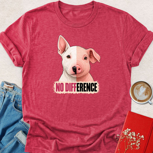 Heather red crewneck T-shirt with bull terrier and pig, No Difference text