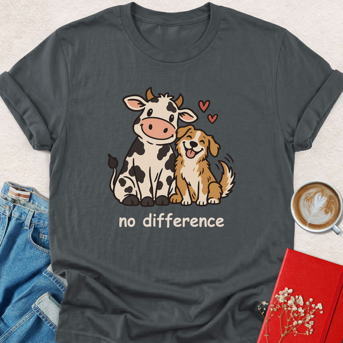 Charcoal T-shirt with cow and dog friendship graphic and small hearts