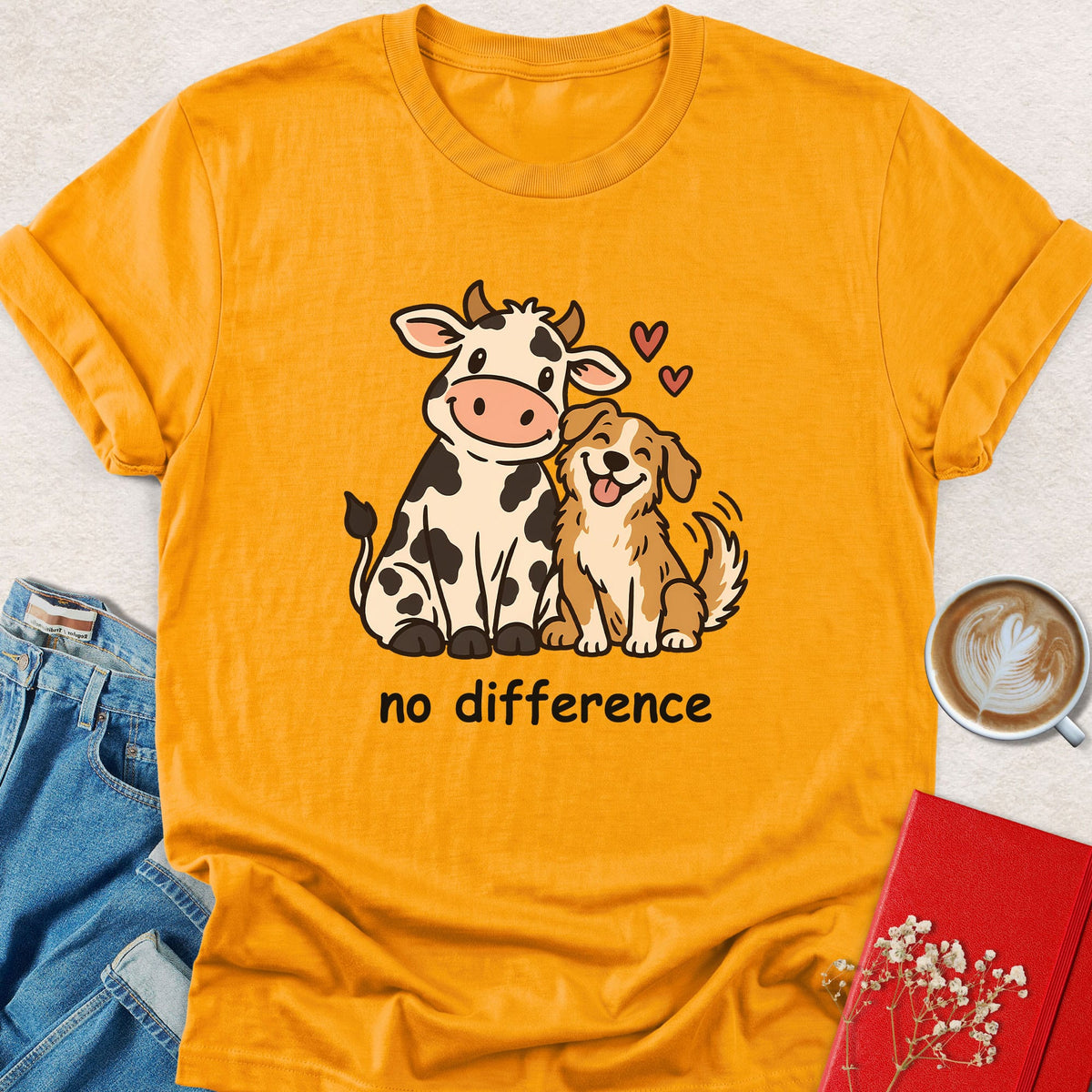 Gold T-shirt with cow and dog friendship graphic on chest
