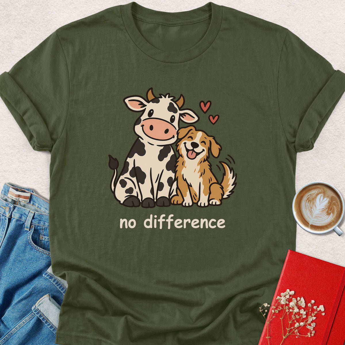 Olive green T-shirt with cow and dog friendship graphic on front