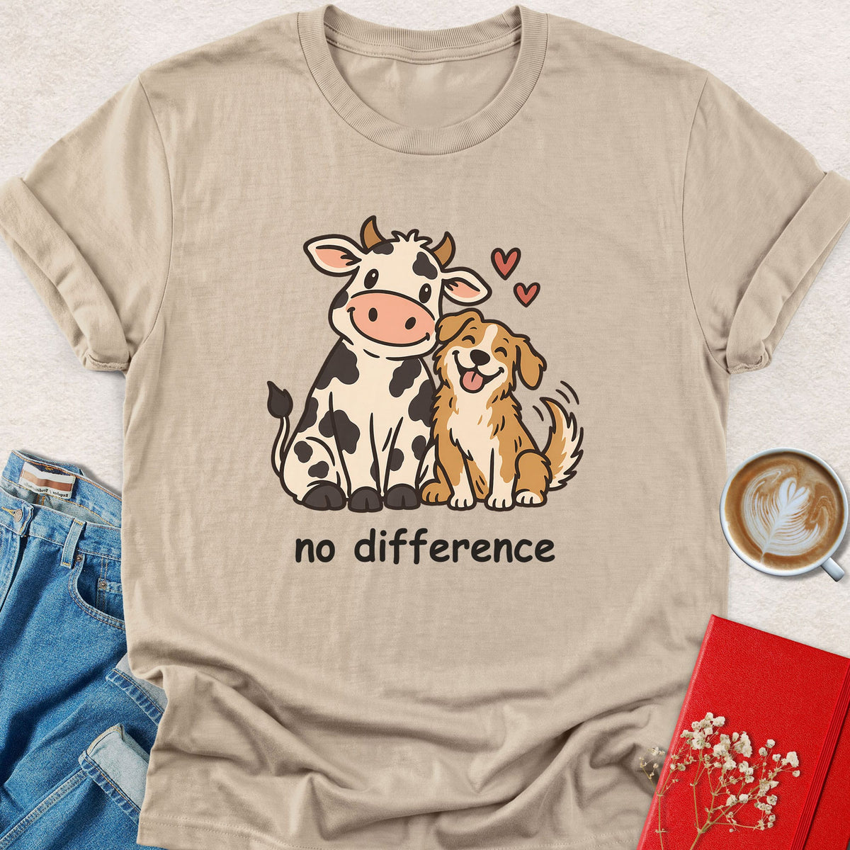Beige T-shirt with cow and dog friendship graphic on chest