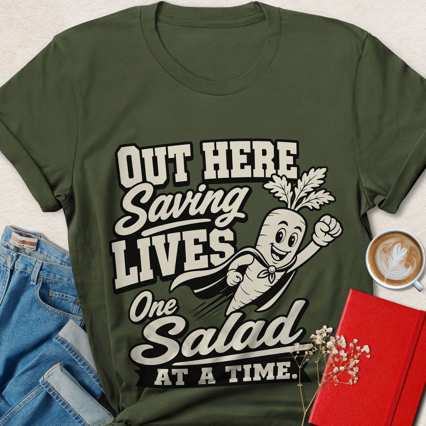 Funny Vegan T-Shirt — Out Here Saving Lives One Salad at a Time