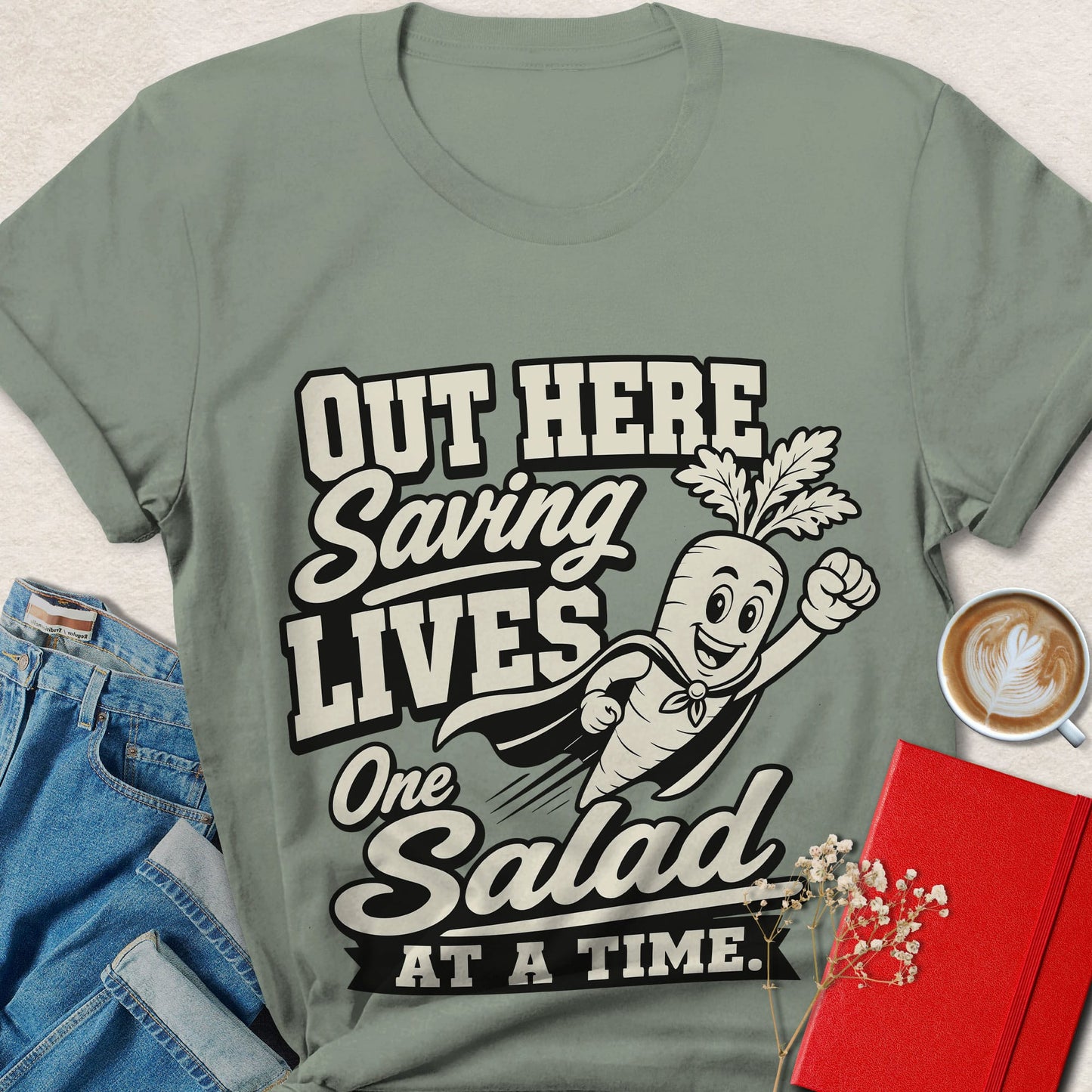 Funny Vegan T-Shirt — Out Here Saving Lives One Salad at a Time