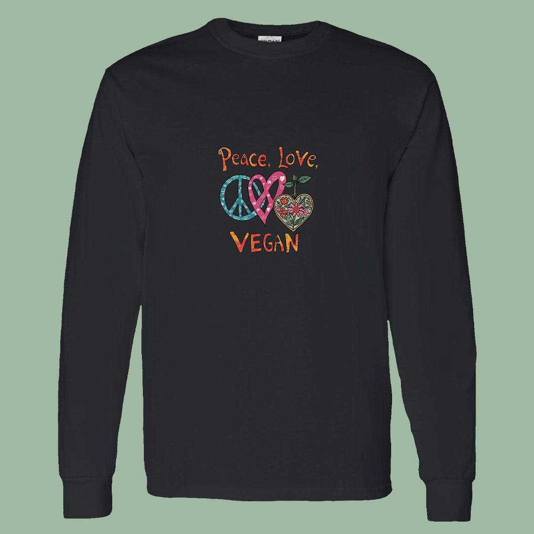 Peace Love Vegan Long Sleeve Tee – Colorful Plant-Based Shirt
