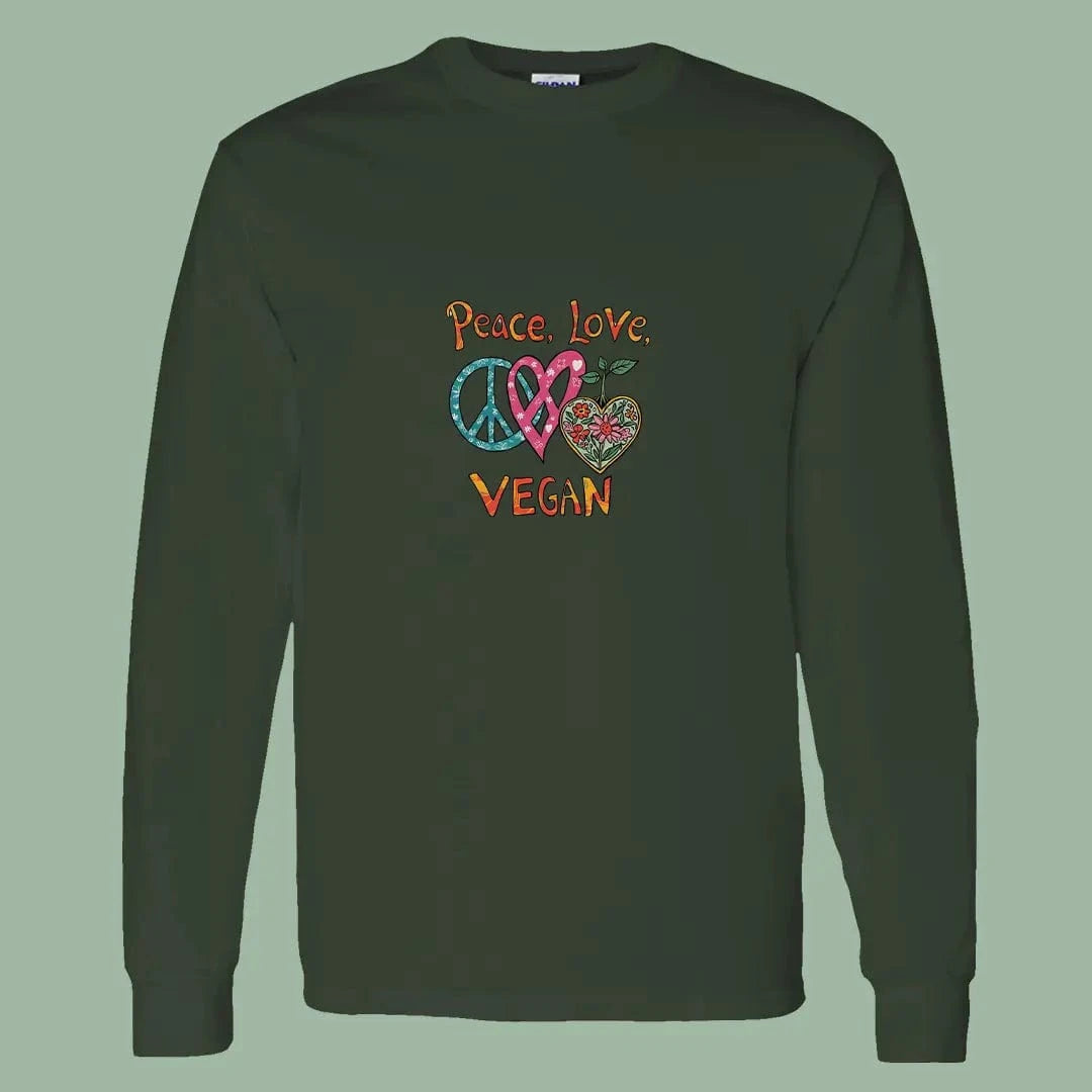 Peace Love Vegan Long Sleeve Tee – Colorful Plant-Based Shirt