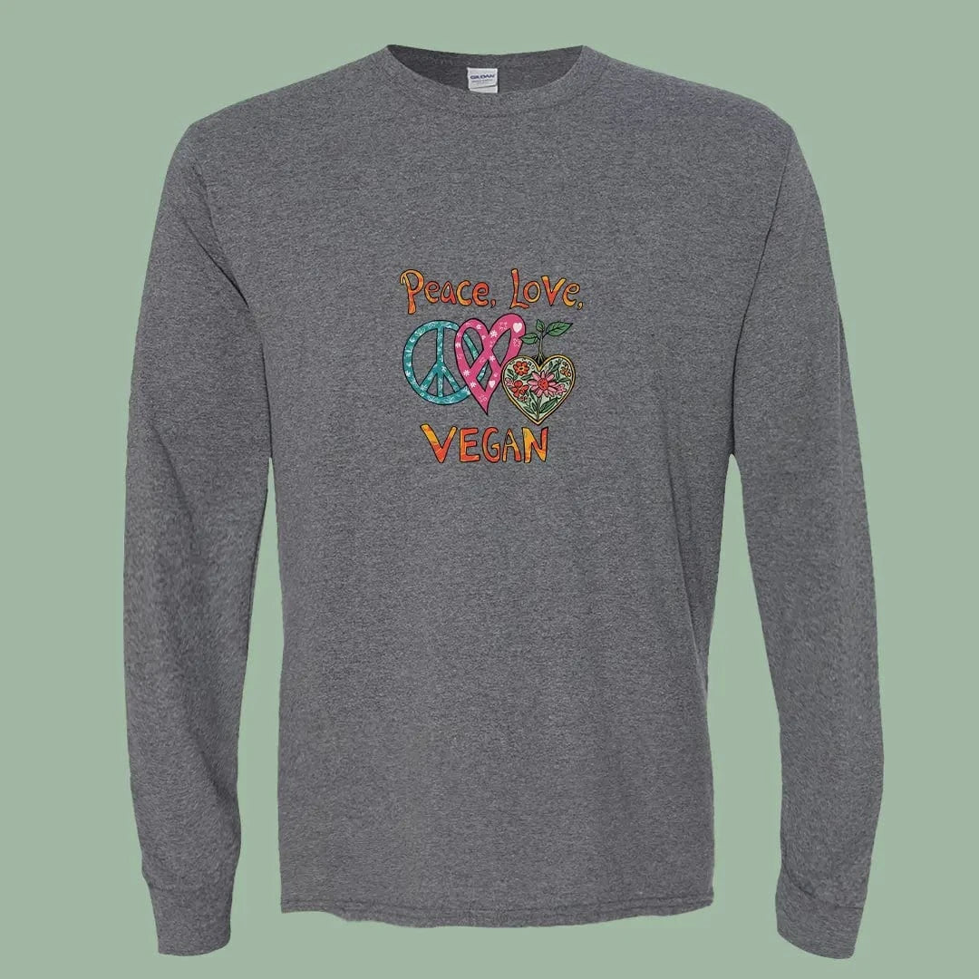 Peace Love Vegan Long Sleeve Tee – Colorful Plant-Based Shirt