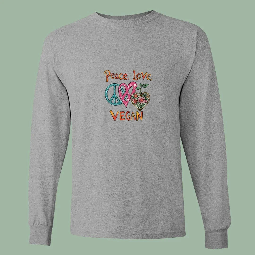 Peace Love Vegan Long Sleeve Tee – Colorful Plant-Based Shirt