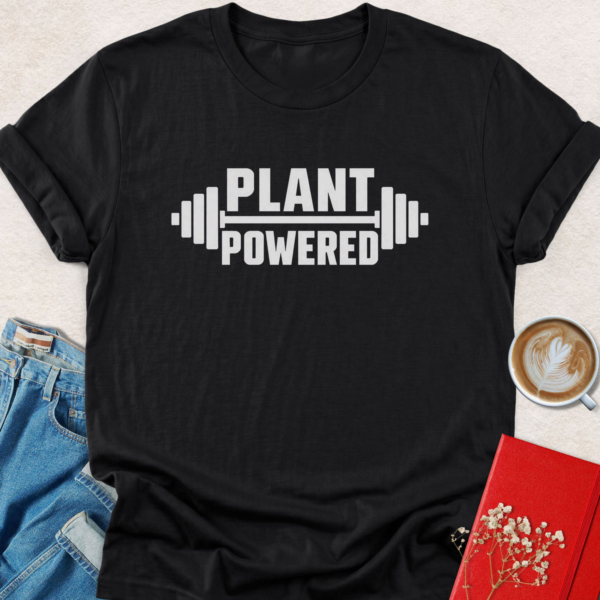 Barbell graphic t-shirt with "PLANT POWERED" print, black