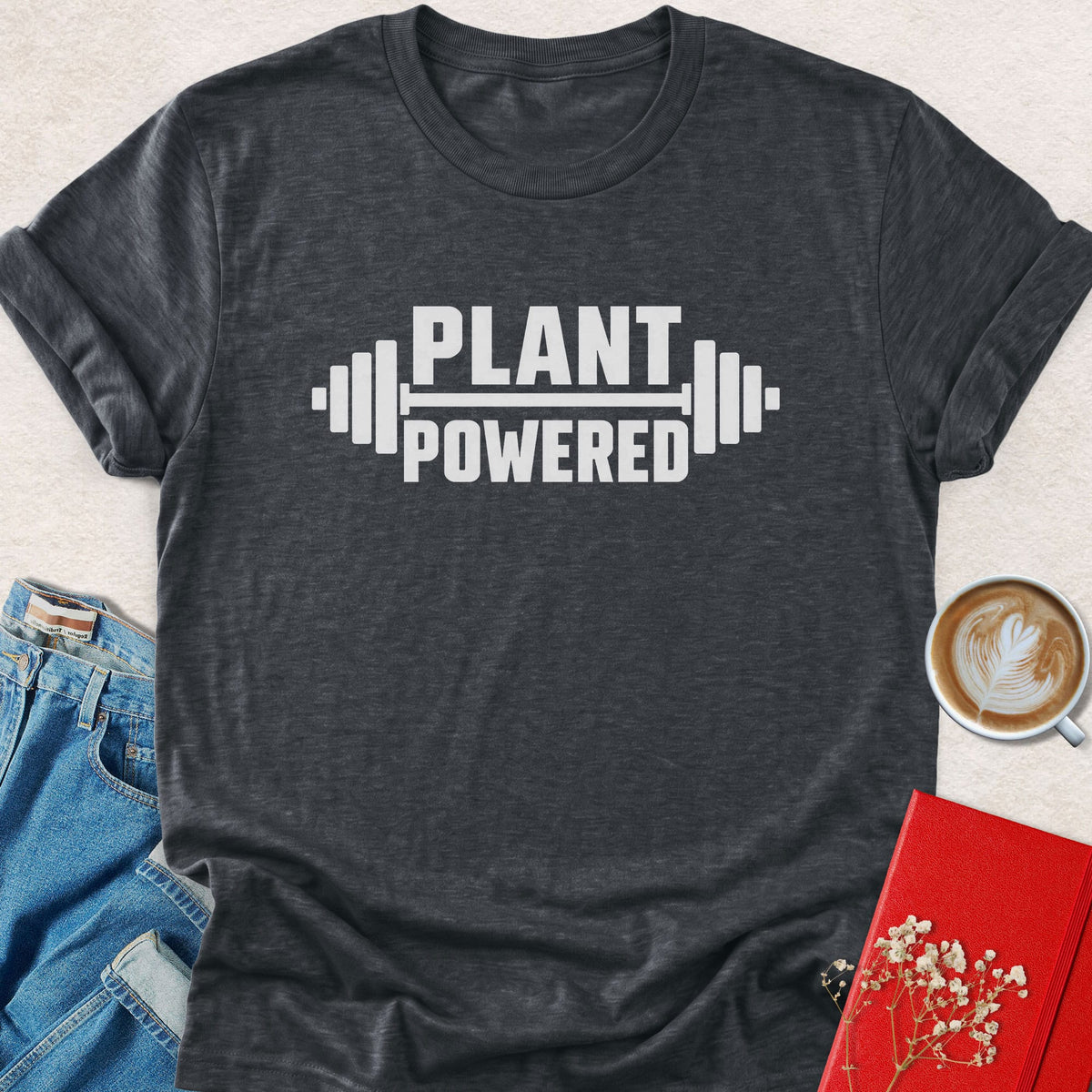 Barbell graphic t-shirt with "PLANT POWERED" print, dark heather grey