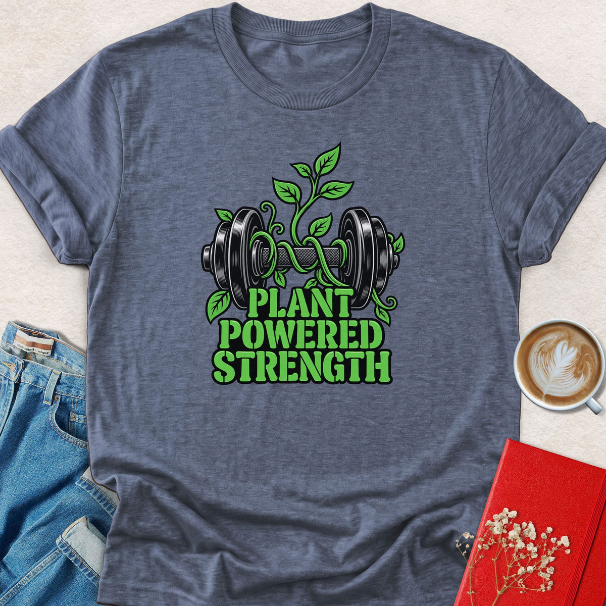 Heather gray crewneck T-shirt with green dumbbell plant logo print