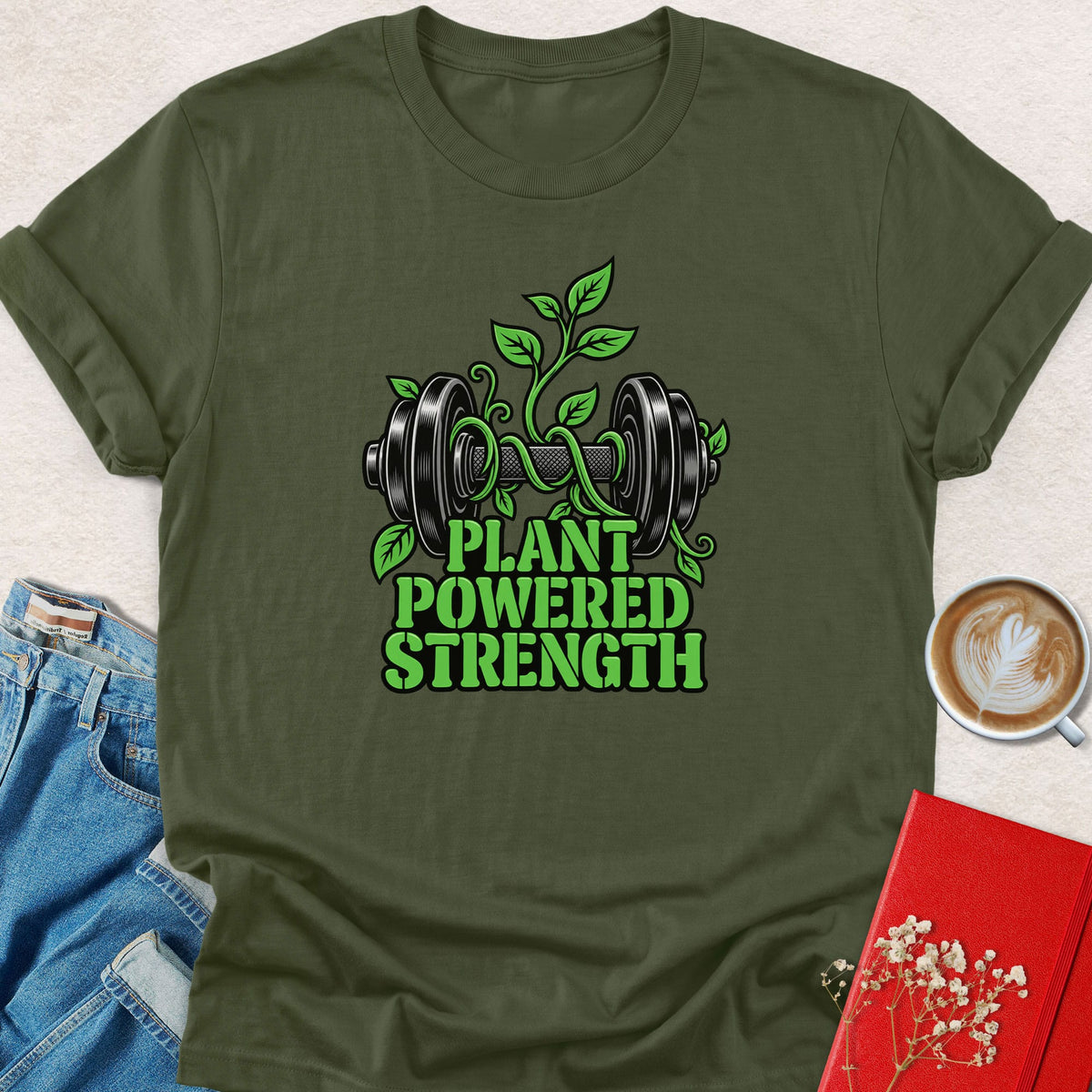 Military green crewneck T-shirt with green dumbbell plant logo print