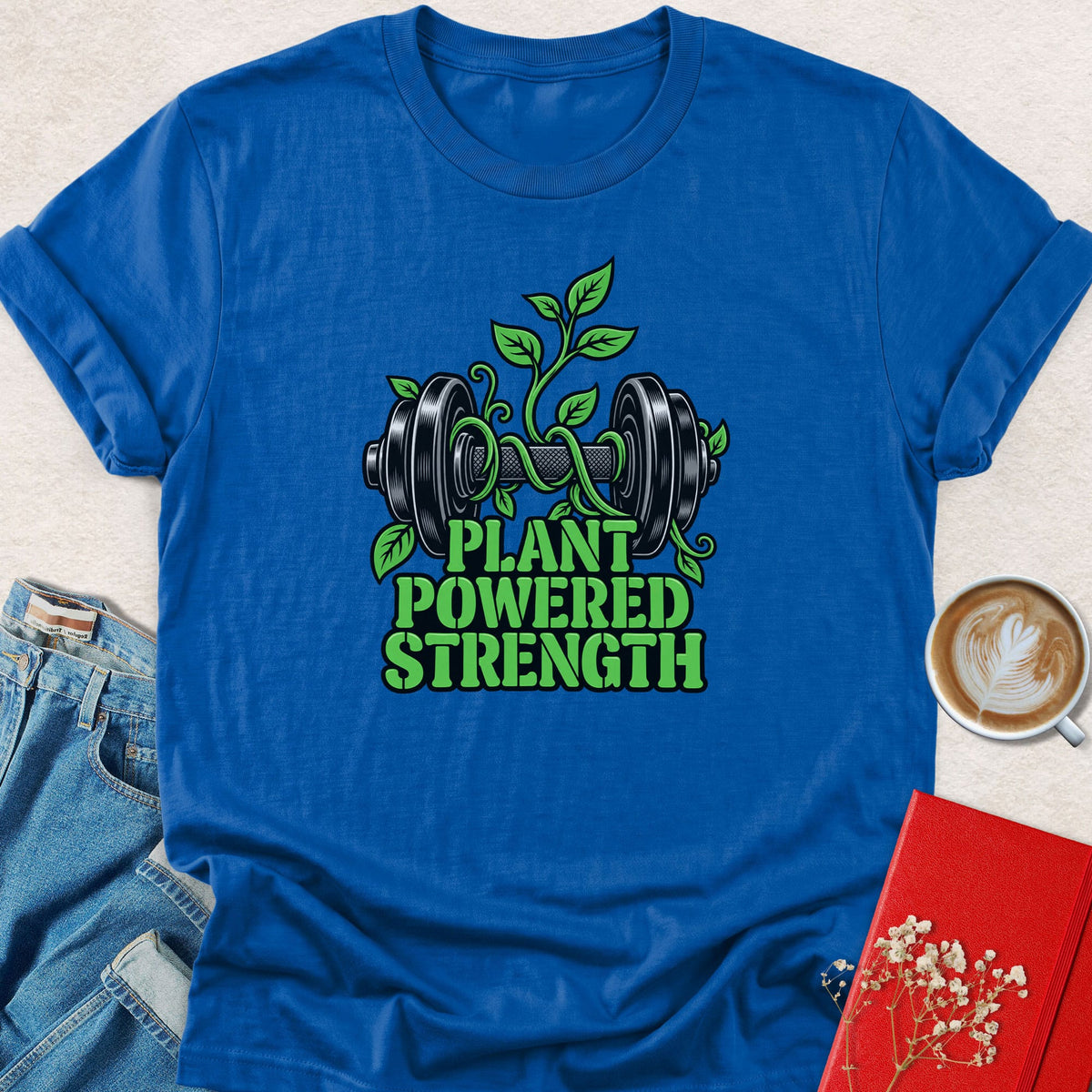 Blue crewneck T-shirt with green dumbbell plant logo print