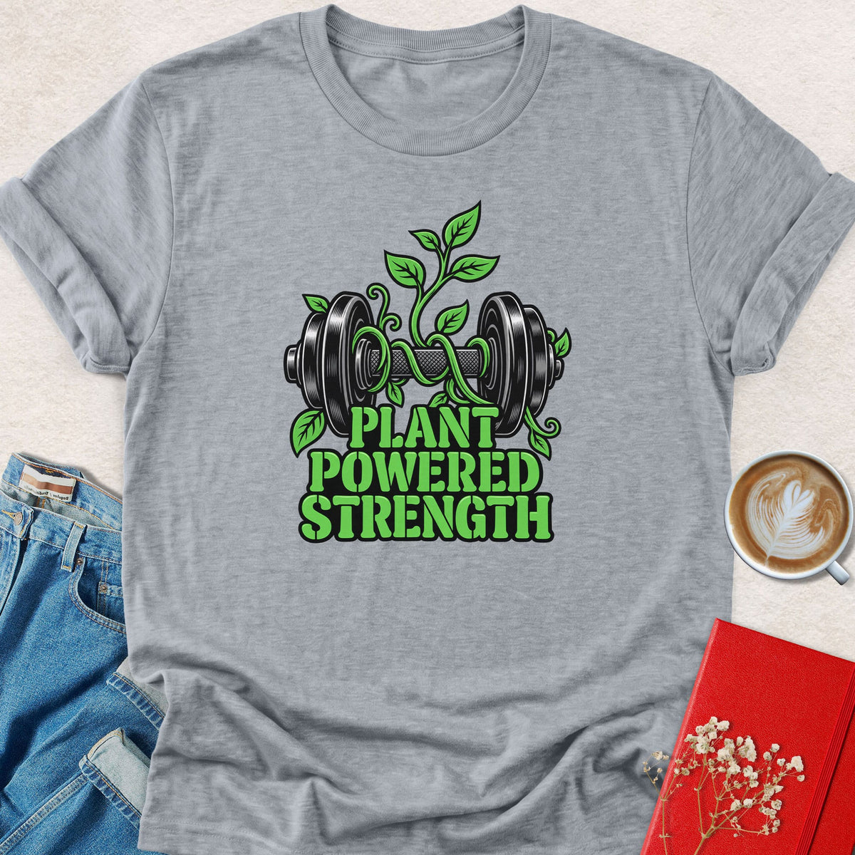 Gray crewneck T-shirt with green dumbbell plant logo print