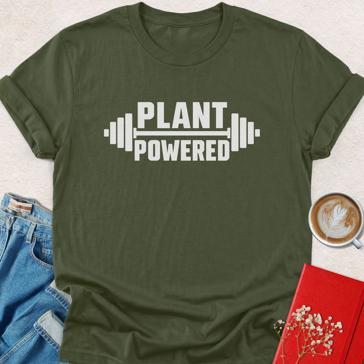 Barbell graphic t-shirt with "PLANT POWERED" print, olive green
