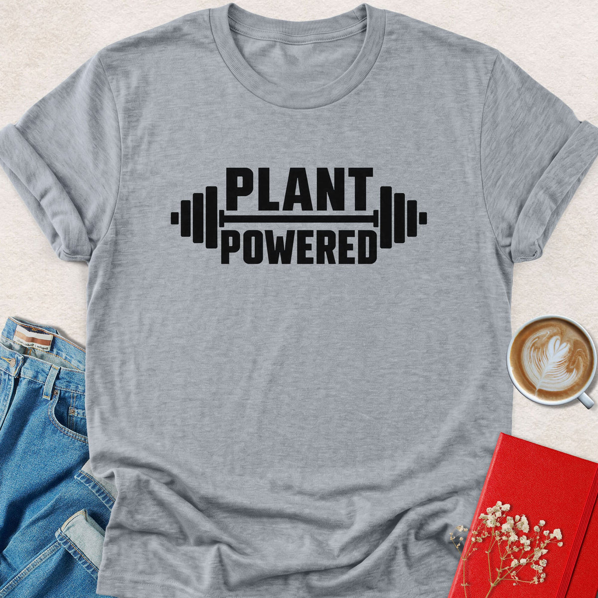 Barbell graphic t-shirt with "PLANT POWERED" print, heather grey