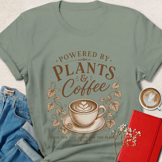 Sage green vegan coffee lover T-shirt with Powered by Plants Coffee graphic