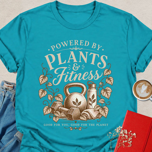 Vegan fitness t-shirt in tropical blue with front plant graphic print