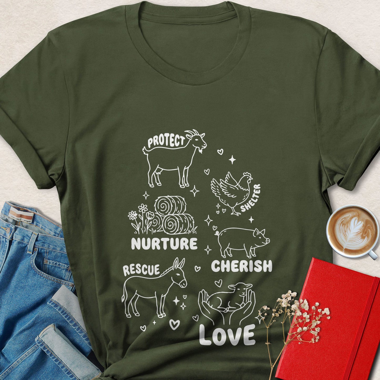 Protect Nurture Cherish Love Animal Rights Vegan T-Shirt