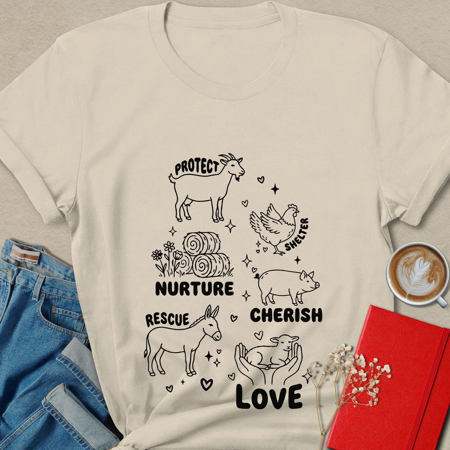 Protect Nurture Cherish Love Animal Rights Vegan T-Shirt