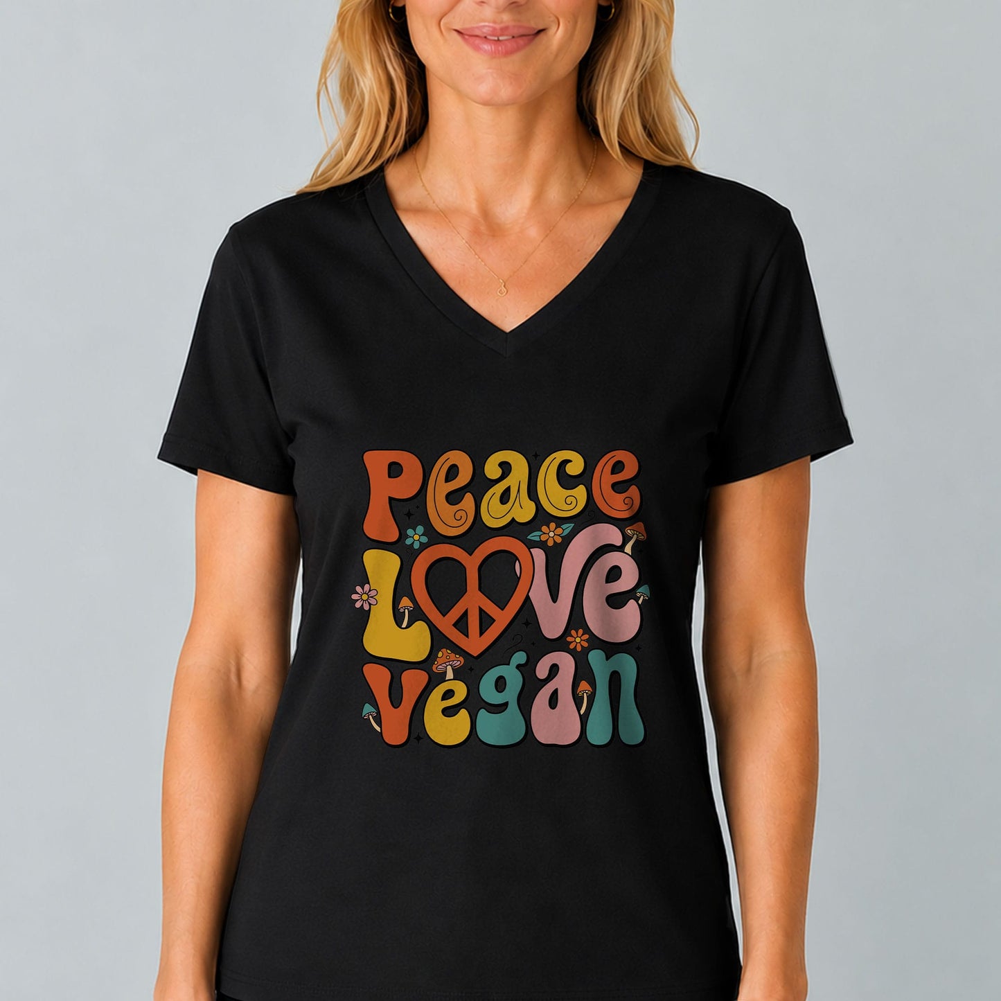 Peace Love Vegan V-Neck T-Shirt | Retro Vegan Style Tee