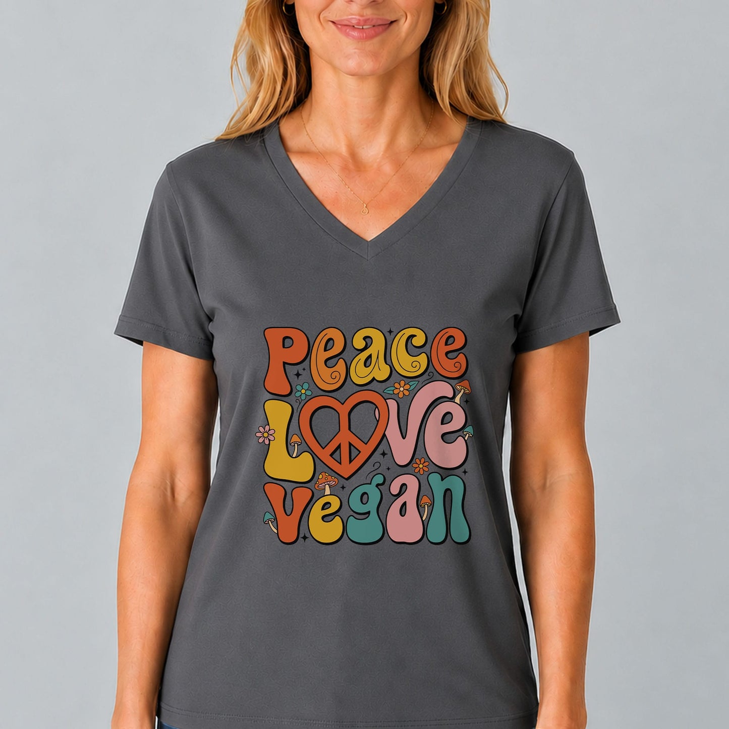 Peace Love Vegan V-Neck T-Shirt | Retro Vegan Style Tee