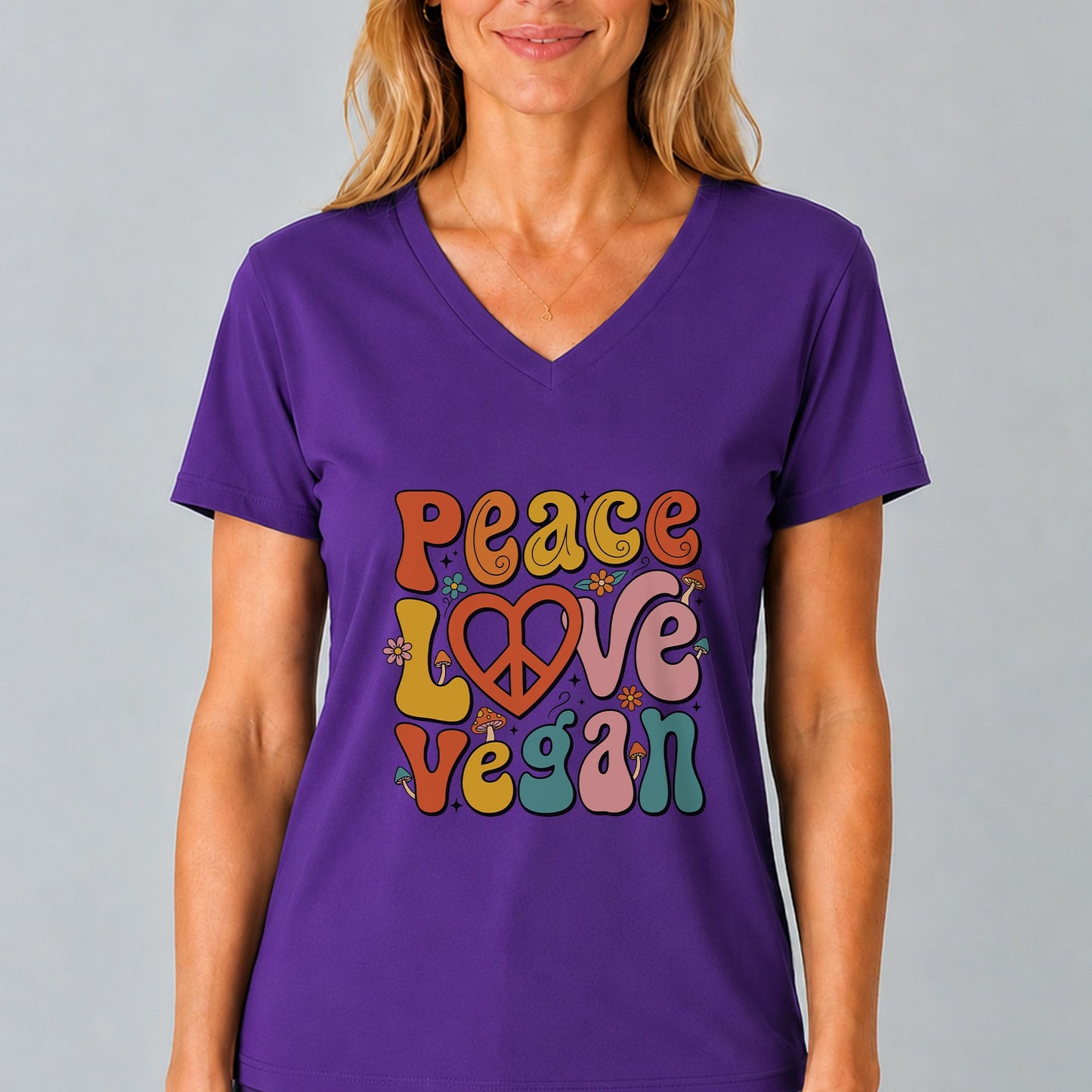 Peace Love Vegan V-Neck T-Shirt | Retro Vegan Style Tee