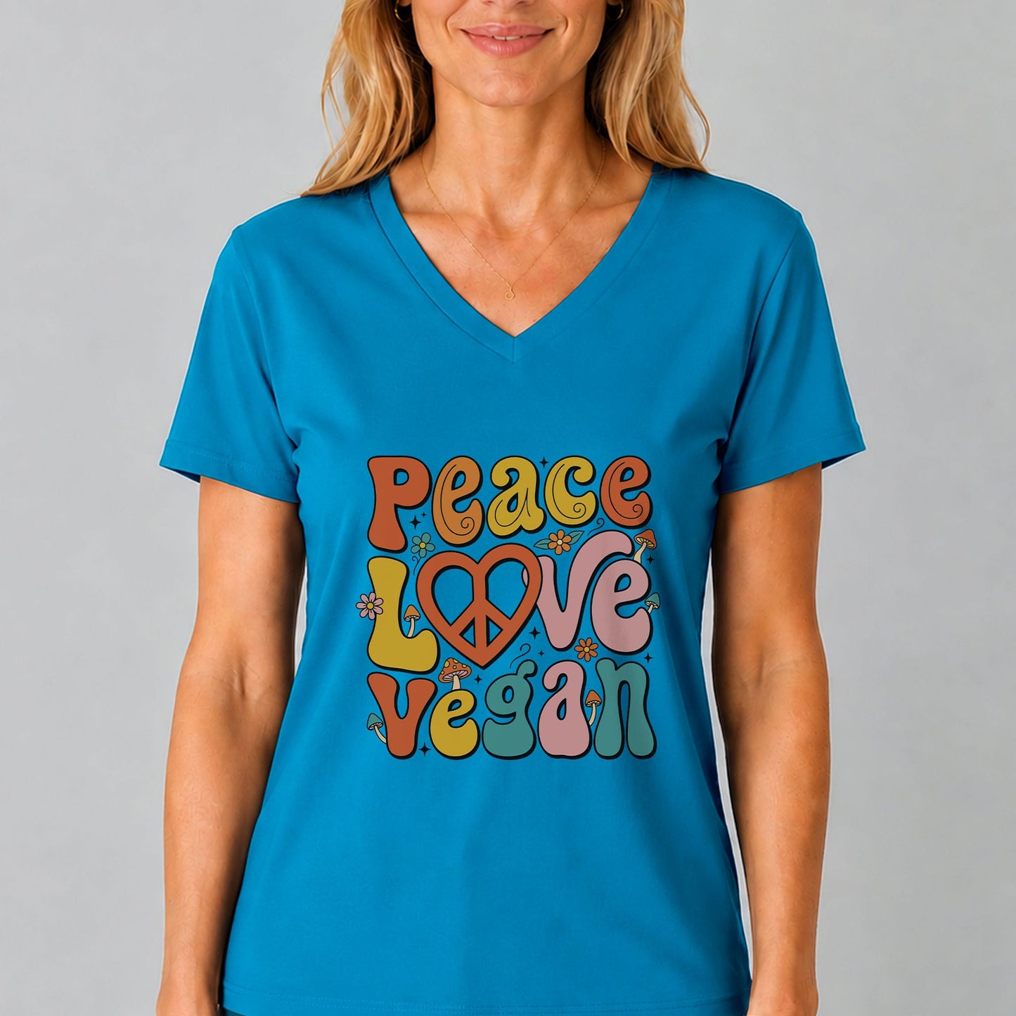 Peace Love Vegan V-Neck T-Shirt | Retro Vegan Style Tee