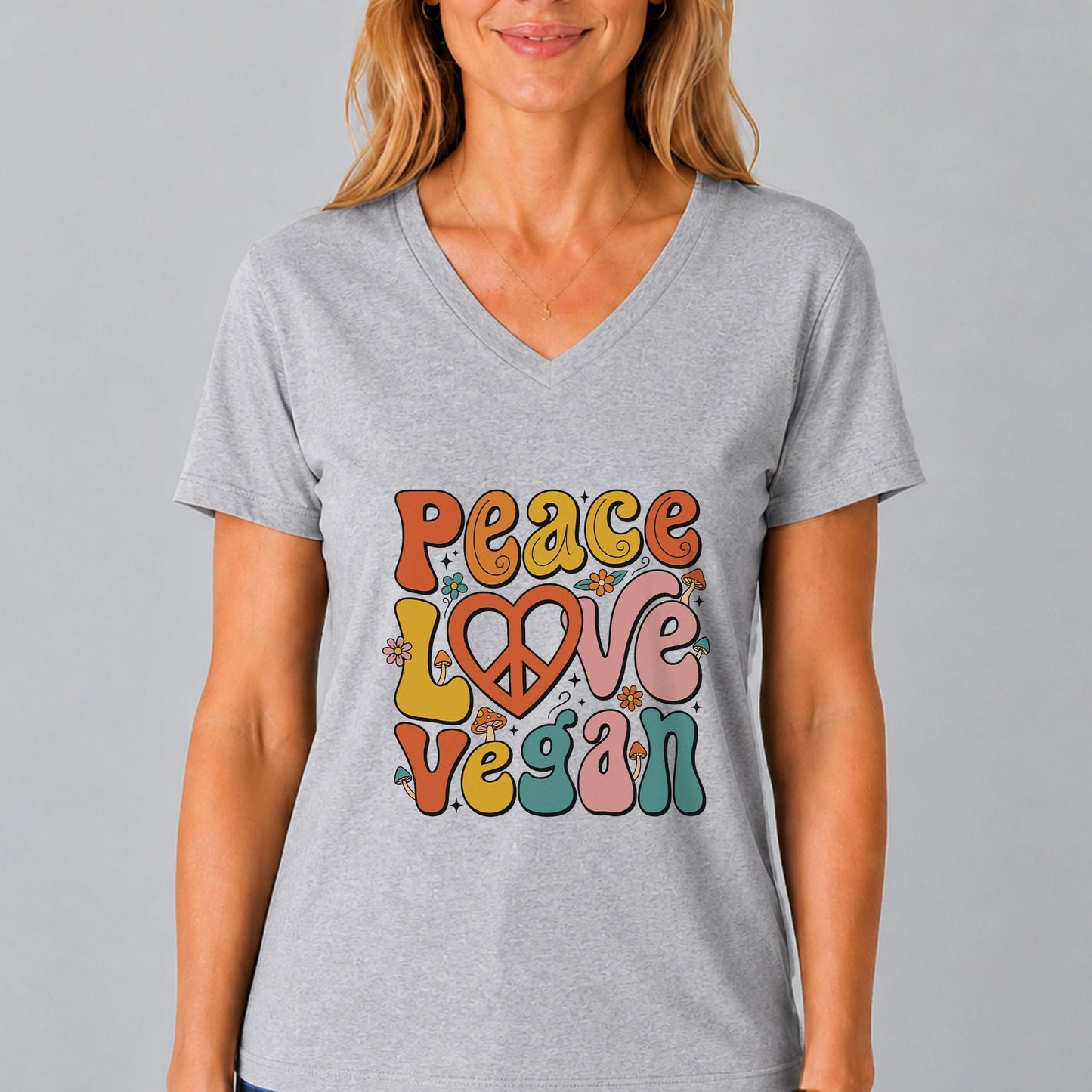 Peace Love Vegan V-Neck T-Shirt | Retro Vegan Style Tee