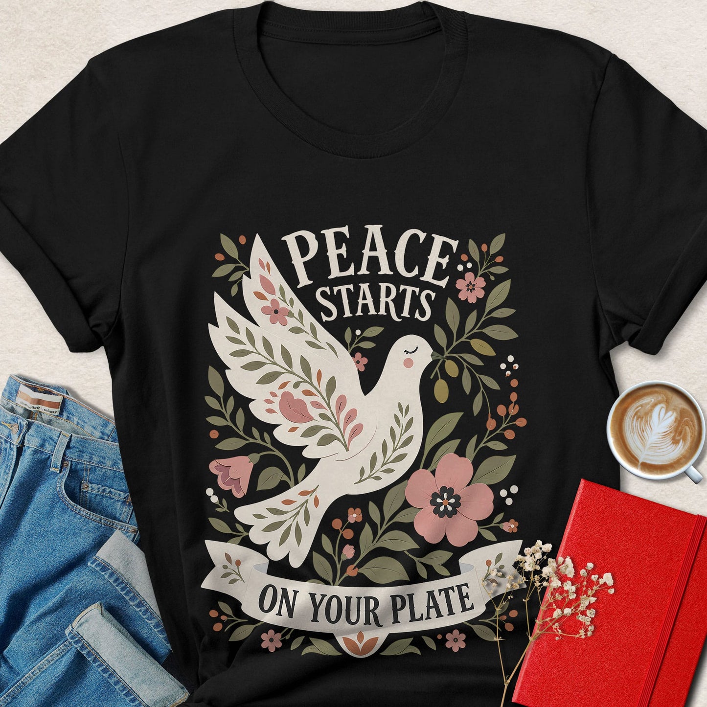 Peace Starts on Your Plate Floral Dove Vegan T-shirt