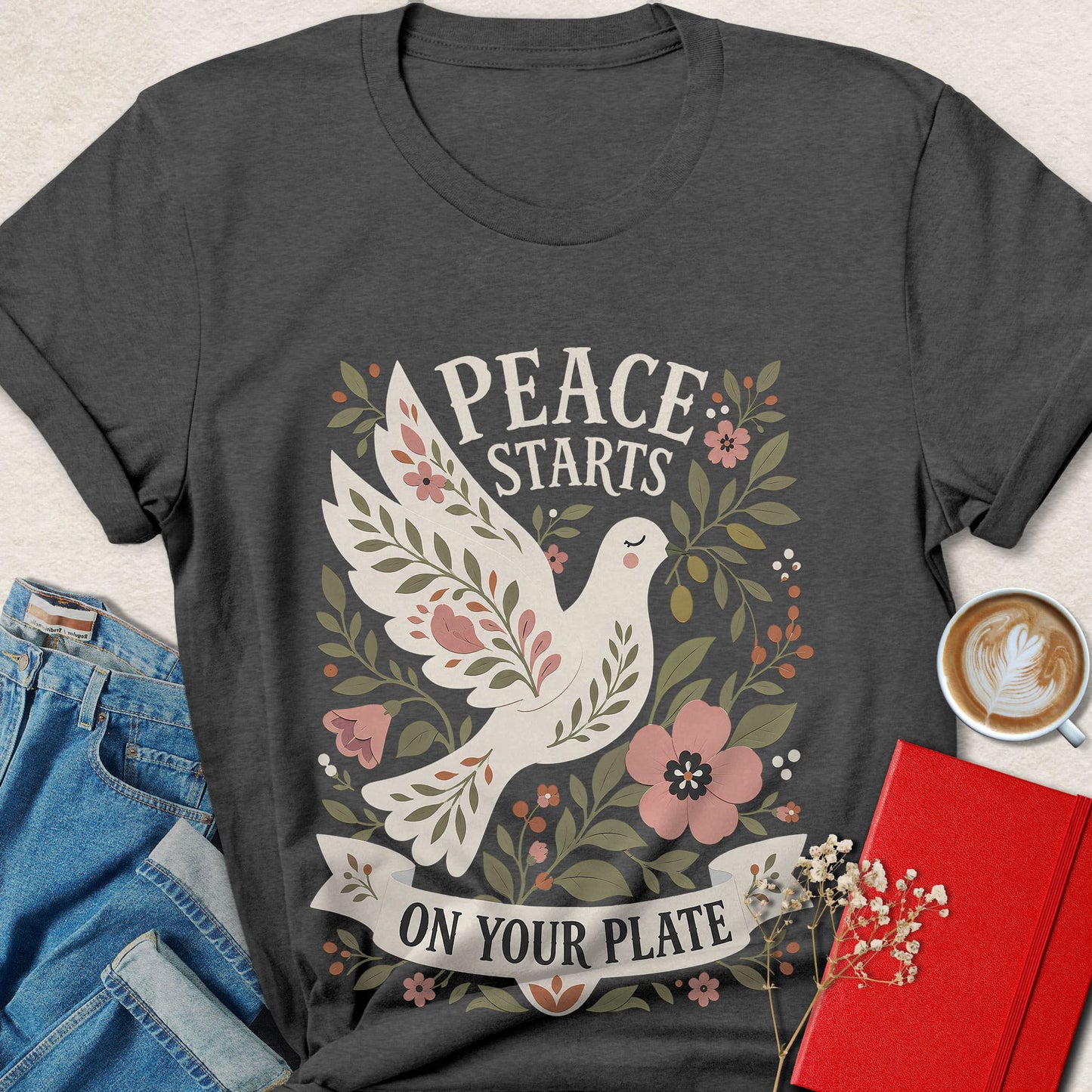 Peace Starts on Your Plate Floral Dove Vegan T-shirt