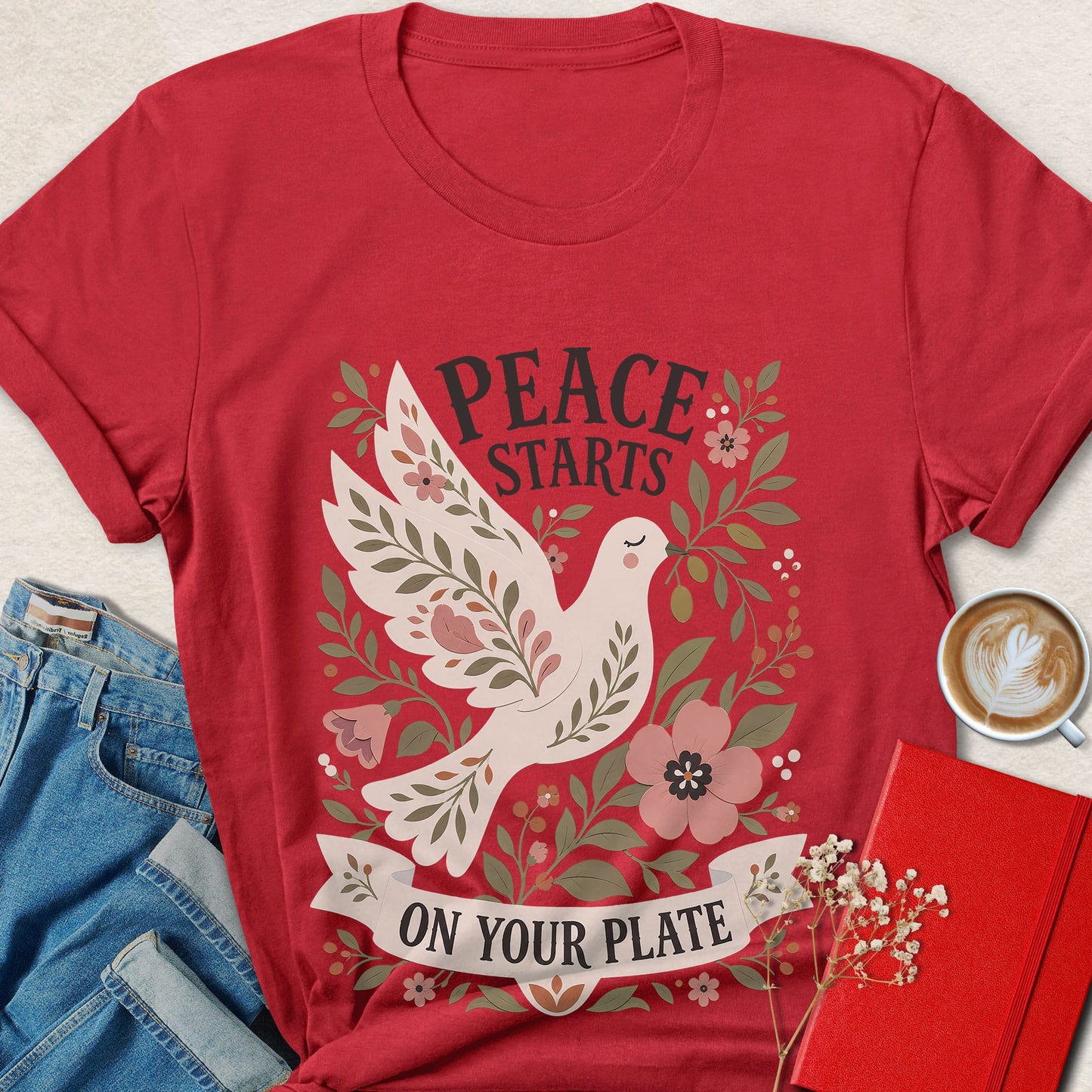 Peace Starts on Your Plate Floral Dove Vegan T-shirt