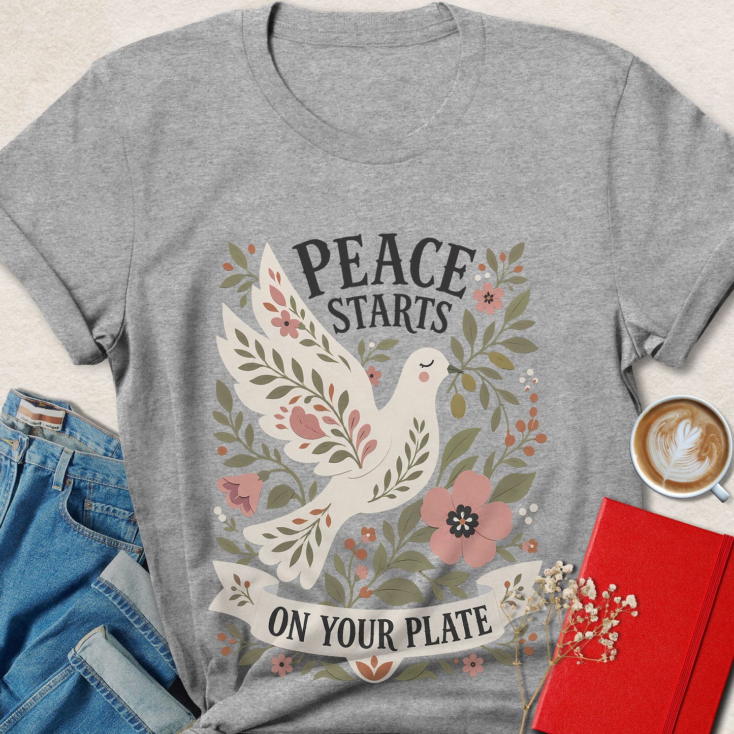 Peace Starts on Your Plate Floral Dove Vegan T-shirt