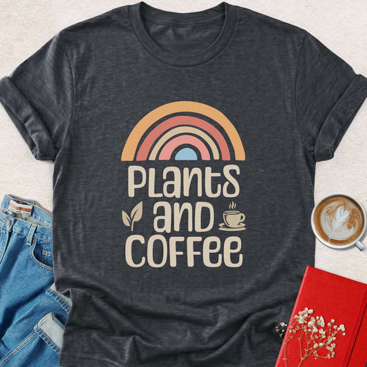 Plants and Coffee t-shirt in dark heather gray with rainbow plants and coffee graphic