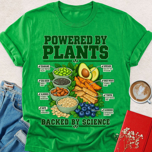 Green graphic T-shirt with 'Powered by Plants' veggie seed nutrition print