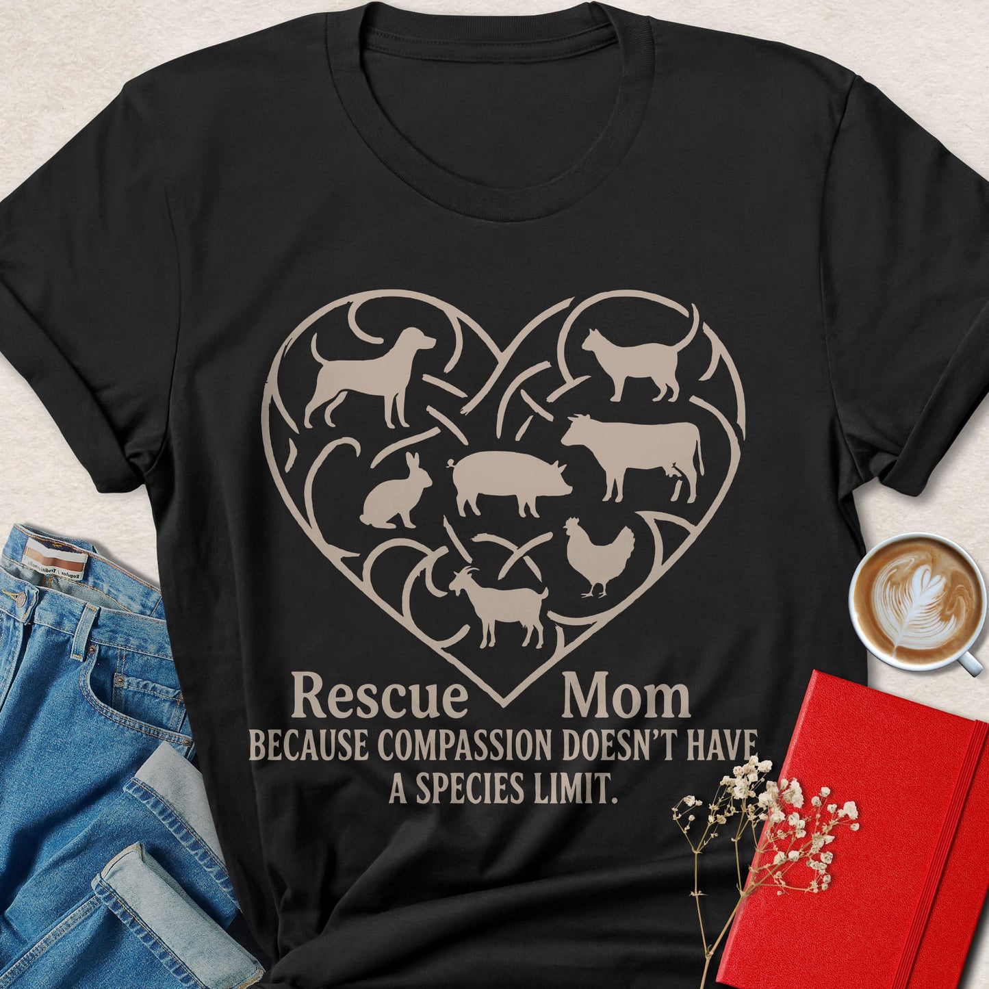 Rescue Mom Vegan Shirt Animal Rights Compassion Heart Tee