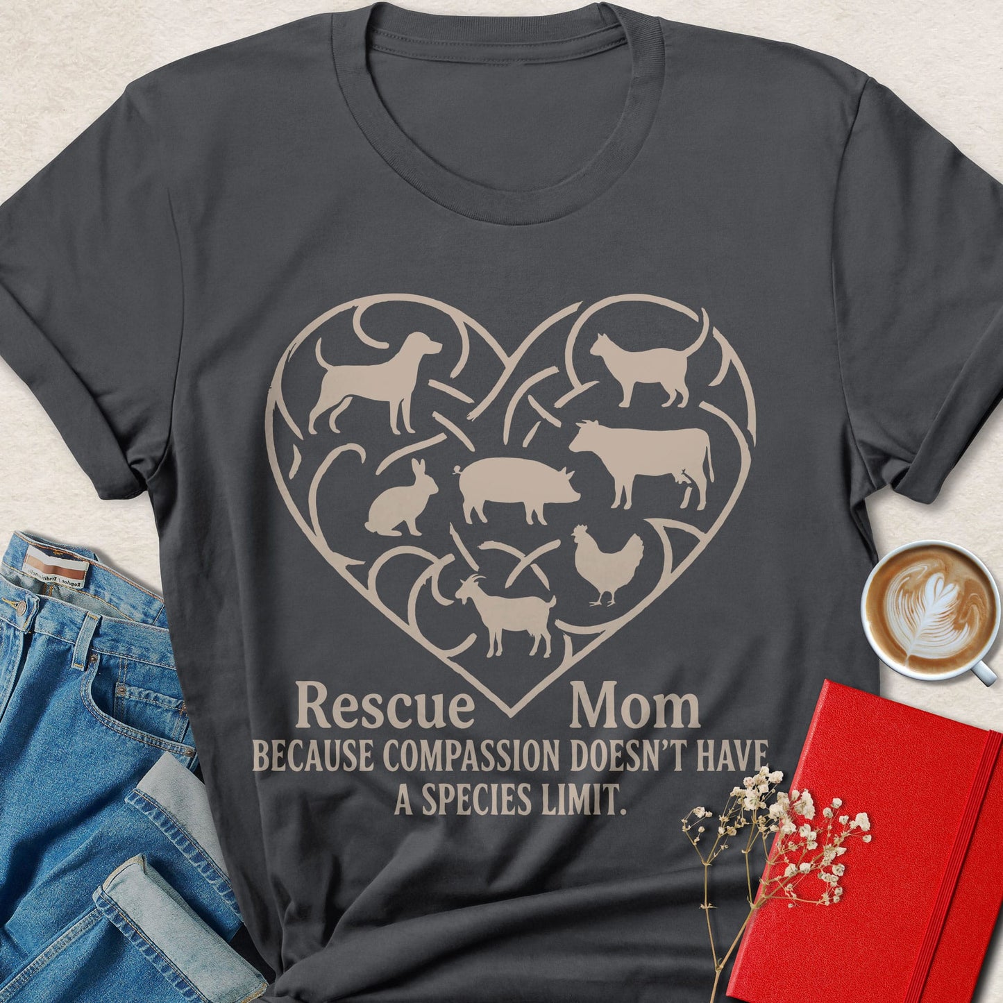 Rescue Mom Vegan Shirt Animal Rights Compassion Heart Tee