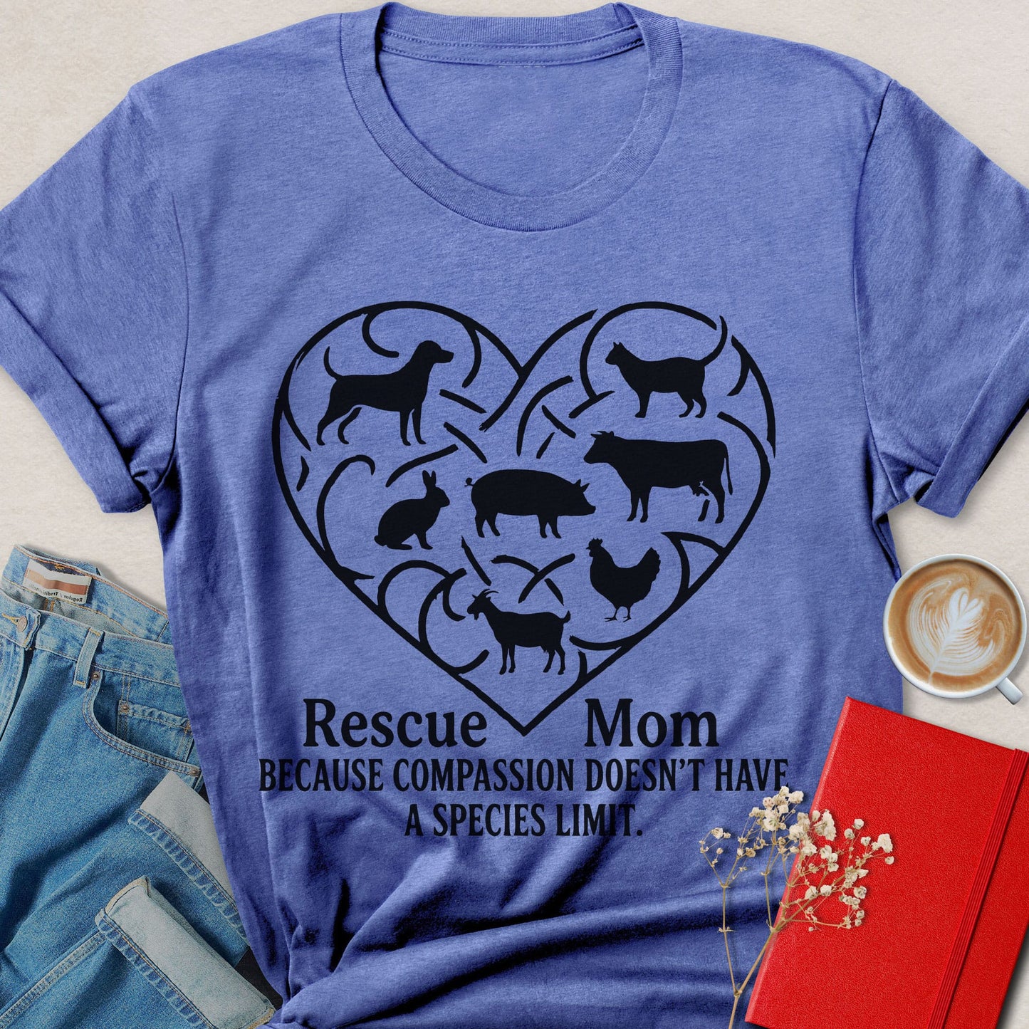 Rescue Mom Vegan Shirt Animal Rights Compassion Heart Tee