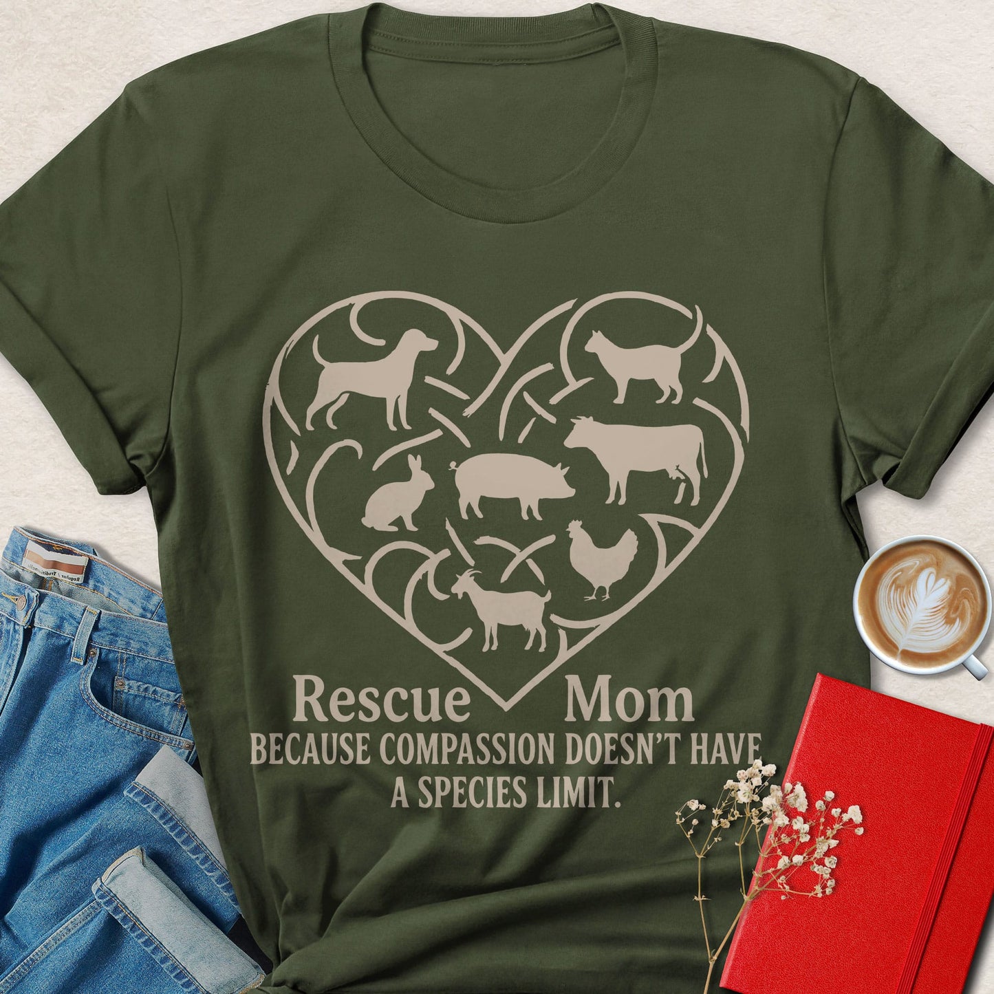 Rescue Mom Vegan Shirt Animal Rights Compassion Heart Tee