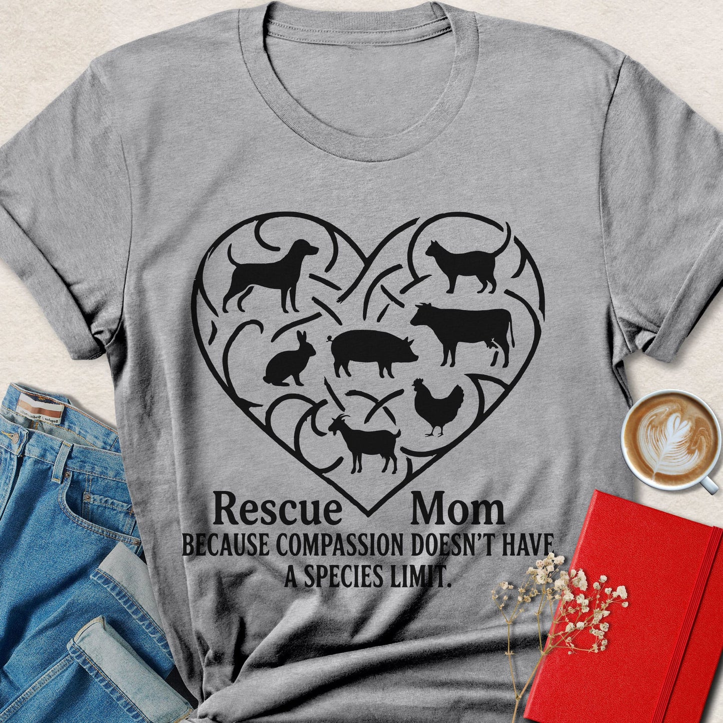 Rescue Mom Vegan Shirt Animal Rights Compassion Heart Tee