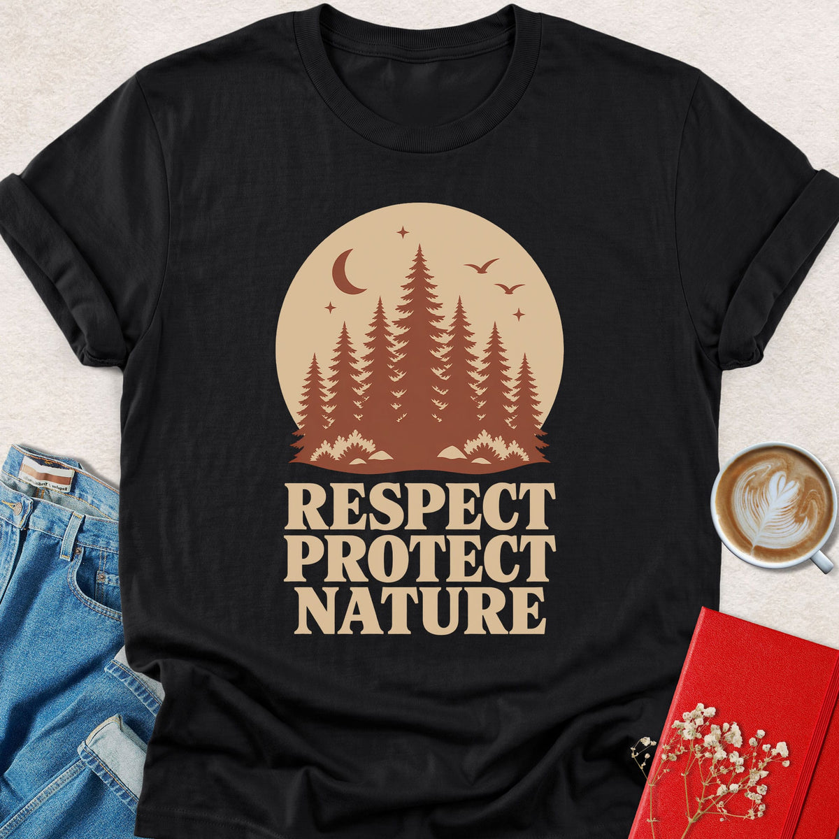 Black T-shirt with front graphic: Respect Protect Nature over forest scene