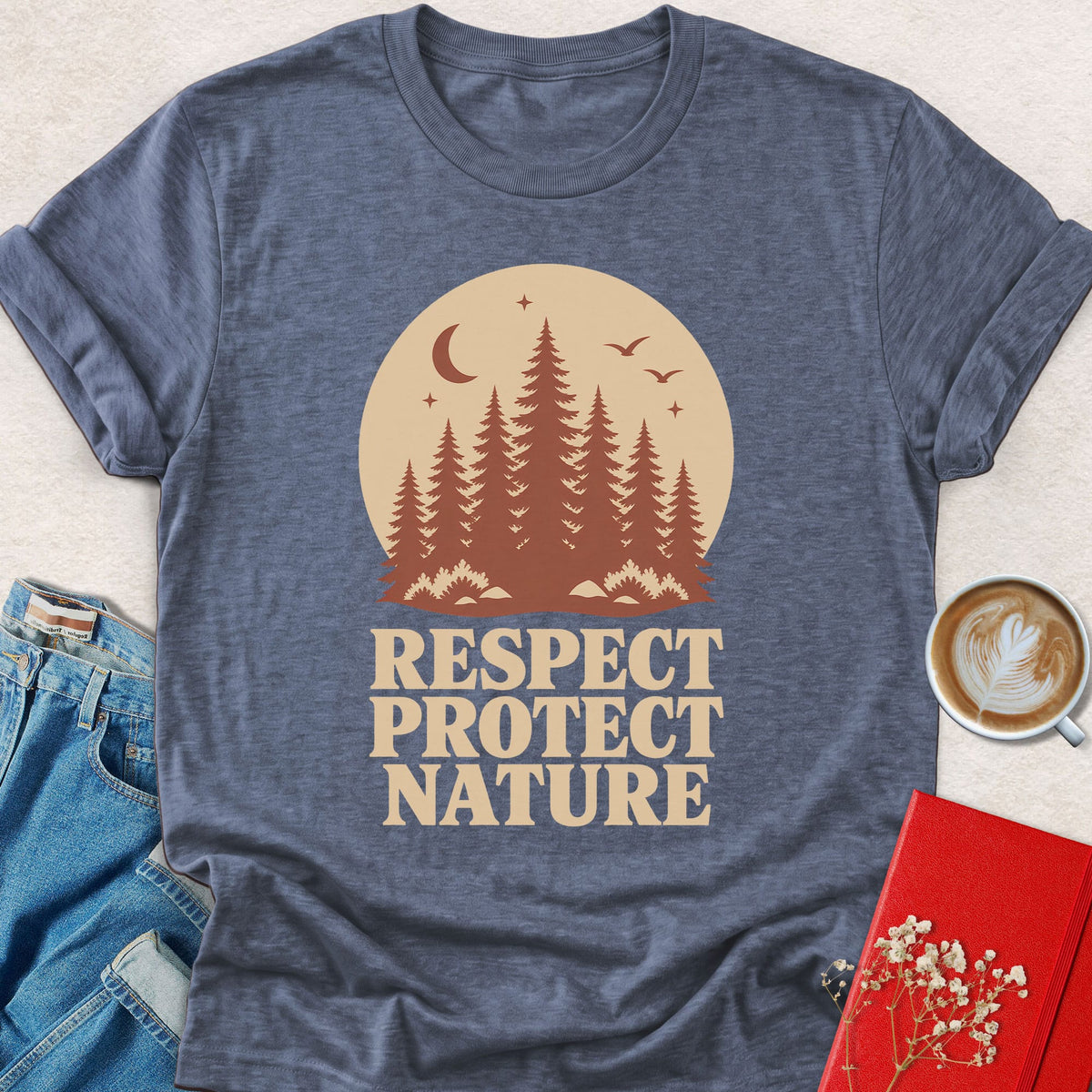 Heather blue T-shirt with front graphic: Respect Protect Nature over forest scene