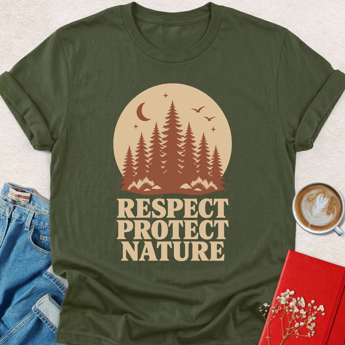 Olive green T-shirt with front graphic: Respect Protect Nature over forest scene