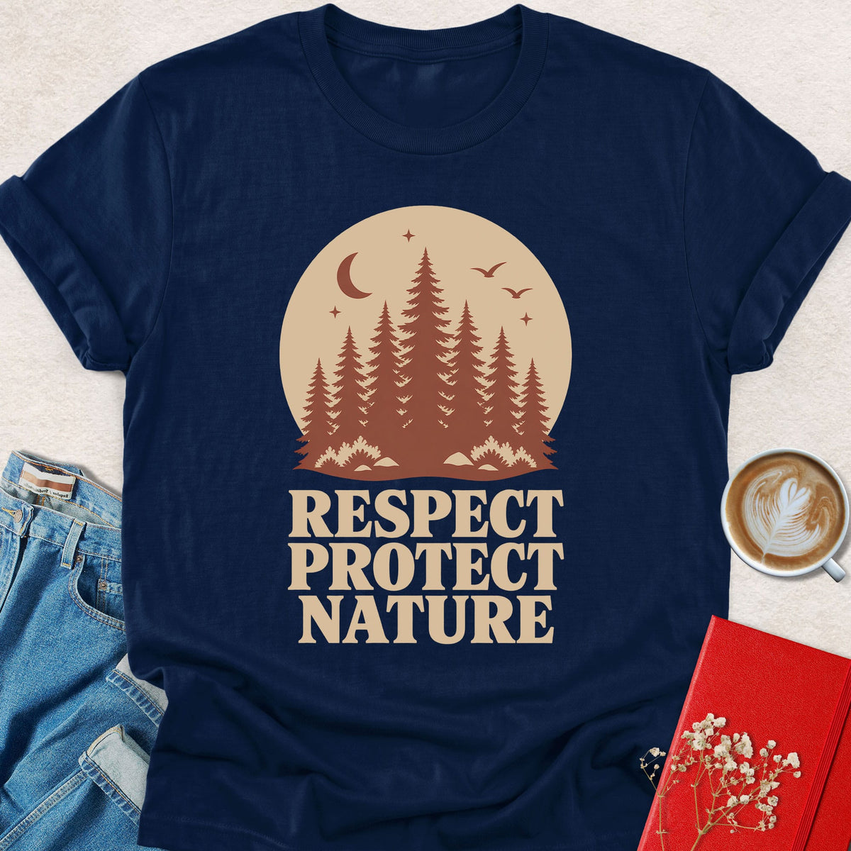 Navy T-shirt with front graphic: Respect Protect Nature over forest scene