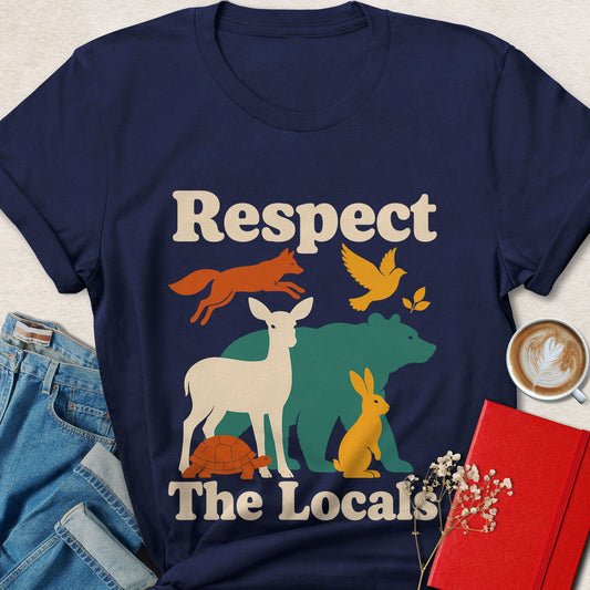 Respect the Locals vegan shirt featuring bear, deer, fox, rabbit, turtle, and bird wildlife artwork.