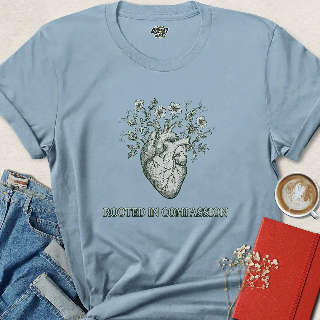 Rooted in Compassion – Vegan Heart & Flowers T-Shirt