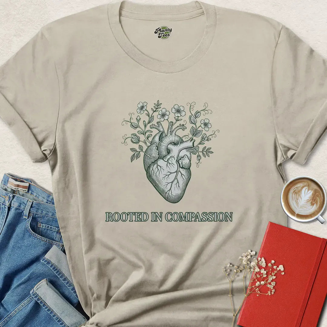 Rooted in Compassion – Vegan Heart & Flowers T-Shirt
