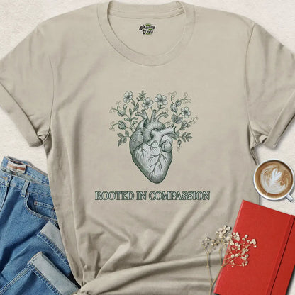 Rooted in Compassion – Vegan Heart & Flowers T-Shirt