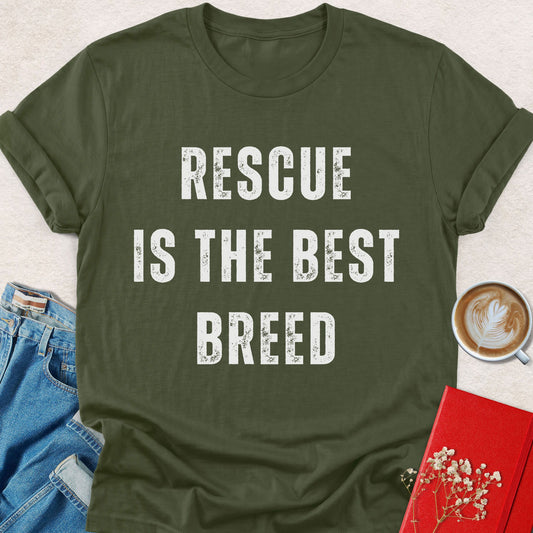 Olive green T-shirt with bold 'RESCUE IS THE BEST BREED' graphic typography